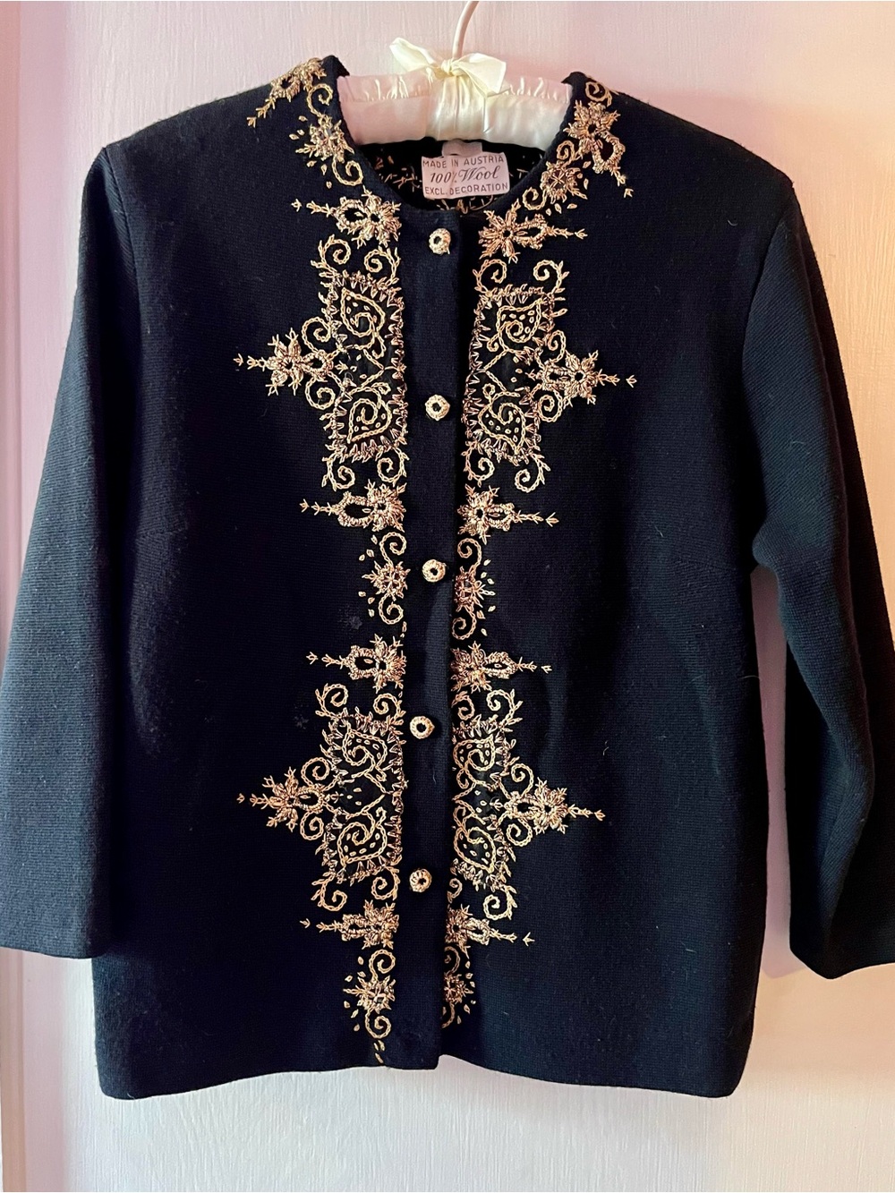 Gold Thread Embroidered Vintage von Trapp Black Boxy Cardigan, 100% Wool Austria